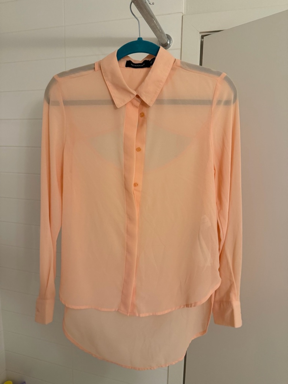 MinkPink Sheer Button-Up Blouse | Peach | Open Back Detail | XS